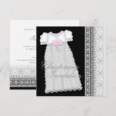 Invitation Robe de perles Bébé Fille Rose Noir Baptême (Devant / Derrière)