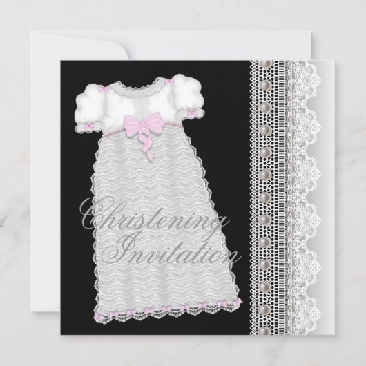 Invitation Robe de perles Bébé Fille Rose Noir Baptême (Devant)