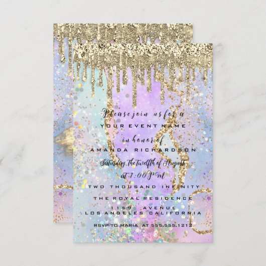 Invitation Robe de princesse à gouttes d'or Sweet 16 holograp (Devant / Derrière)