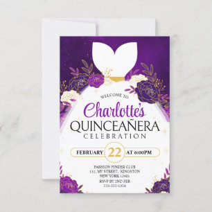Invitation Robe de princesse blanche florale Quinceañera viol