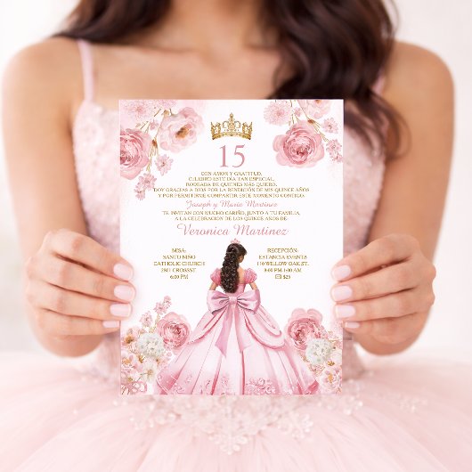 Invitation Robe de princesse Couronne dorée Fleurie XV Annive