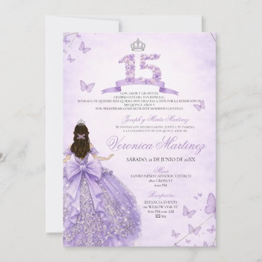 Invitation Robe de princesse couronne espagnole violette flor (Devant)