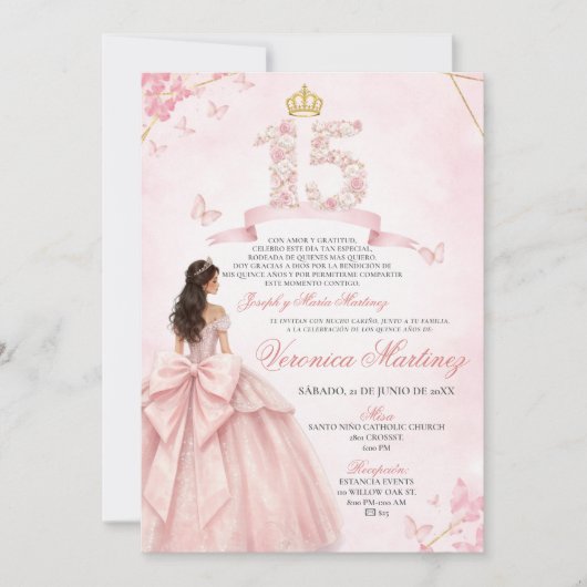 Invitation Robe de princesse espagnole florale rose 15 ans Qu (Devant)