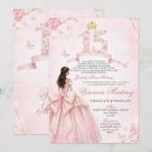 Invitation Robe de princesse espagnole florale rose 15 ans Qu (Devant / Derrière)