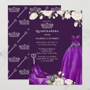 Invitation Robe de princesse et roses Quinceanera violet