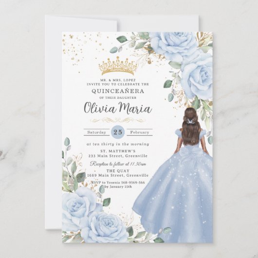 Invitation Robe de princesse florale bleu bébé pour Quinceañe (Devant)