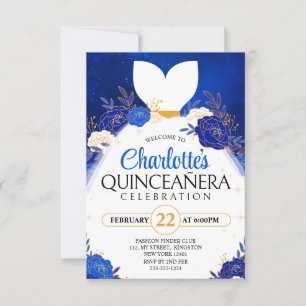 Invitation Robe de princesse florale de Quinceanera bleu roya