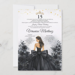 Invitation Robe de princesse florale noire espagnole Sweet 15