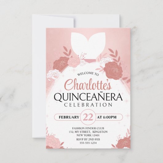 Invitation Robe de princesse florale Rose Gold Quinceanera (Devant)