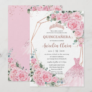 Invitation Robe de princesse florale rose Quinceanera or rose