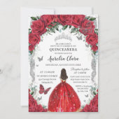 Invitation Robe de princesse florale roses rouges pour Quince (Devant)