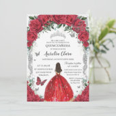 Invitation Robe de princesse florale roses rouges pour Quince (Debout devant)