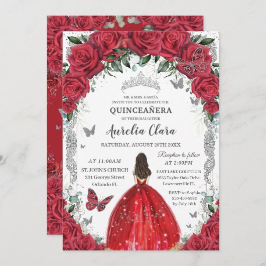 Invitation Robe de princesse florale roses rouges pour Quince (Devant / Derrière)
