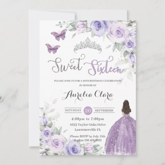 Invitation Robe de princesse florale violette pour 16 ans (Devant)