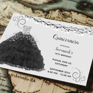 Invitation Robe de princesse noire pour Quinceanera avec guir