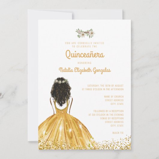 Invitation Robe de princesse or jaune chic 15e Quinceañera (Devant)