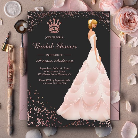 Invitation Robe de Princesse Rose Gold Mariage Cendré