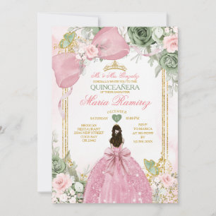 Invitation Robe de princesse verte sage florale rose Quinceañ