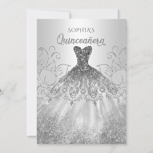 Invitation Robe de Quinceañera à paillettes argentées scintil (Devant)