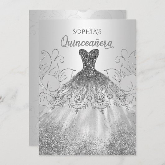 Invitation Robe de Quinceañera à paillettes argentées scintil (Devant / Derrière)