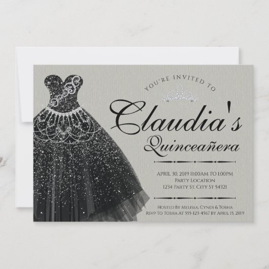 Invitation Robe de Quinceañera à paillettes noires (Devant)