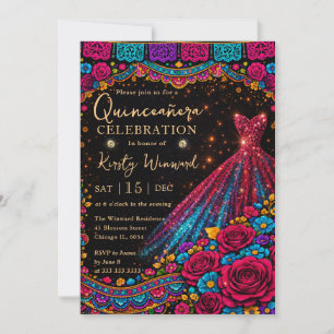 Invitation Robe de Quinceanera à paillettes rose élégante en