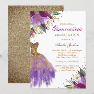 Invitation Robe de Quinceanera Améthyste Paillettes Or Violet