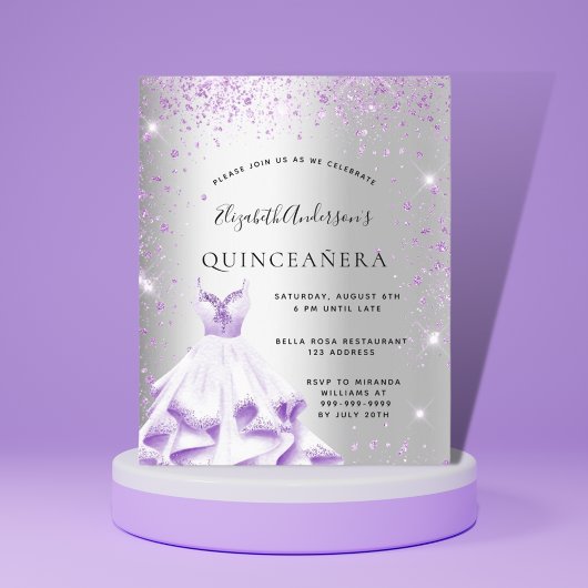 Invitation Robe de Quinceanera argent violet parties scintill