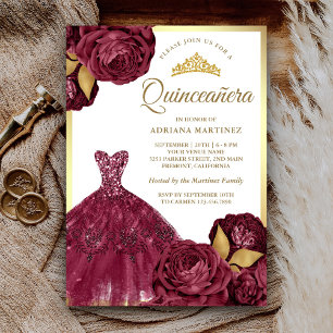Invitation Robe de Quinceanera bordeaux florale scintillante