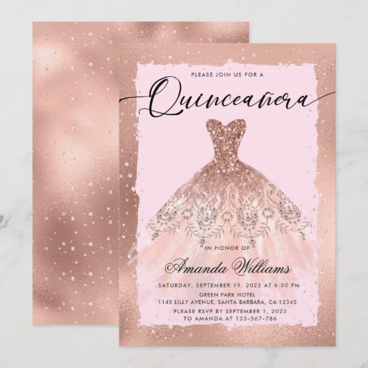 Invitation Robe de Quinceañera en or rose (Devant / Derrière)