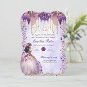 Invitation Robe de Quinceanera en or violet Roses floraux (Debout devant)