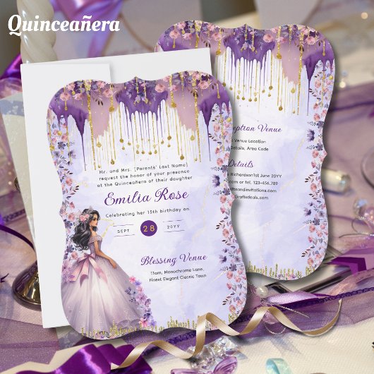 Invitation Robe de Quinceanera en or violet Roses floraux
