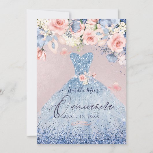 Invitation Robe de Quinceanera Fleurs Poussiéreuses Bleu Pail (Devant)
