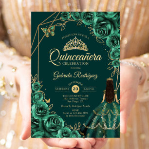 Invitation Robe de Quinceanera Florale Émeraude Or