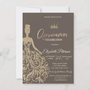 Invitation Robe de Quinceañera marron à paillettes dorées