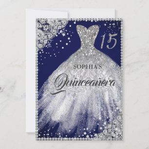 Invitation Robe de Quinceanera Navy Silver Diamond Lace Spark