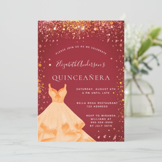 Invitation Robe de Quinceanera or rouge parties scintillant (Debout devant)