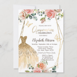 Invitation Robe de Quinceanera papillon fleurs paillettes dor
