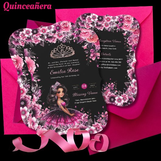 Invitation Robe de Quinceanera rose Magenta Floral
