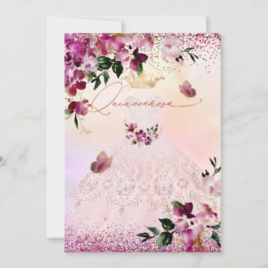 Invitation Robe de Quinceanera rose saumon avec fleurs bordea (Devant)