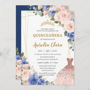 Invitation Robe de Quinceañera Royal Blue Blush Floral Tiara