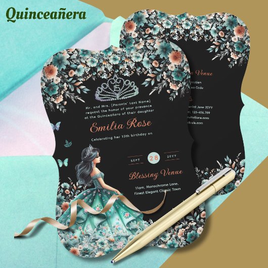 Invitation Robe de Quinceanera Vert Turquoise Papillon Floral