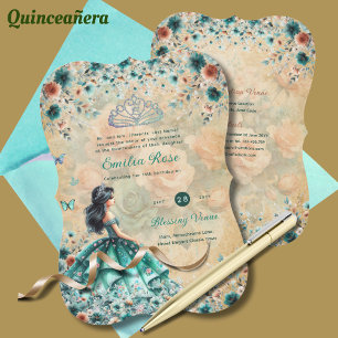 Invitation Robe de Quinceanera Vert Turquoise Papillon Floral