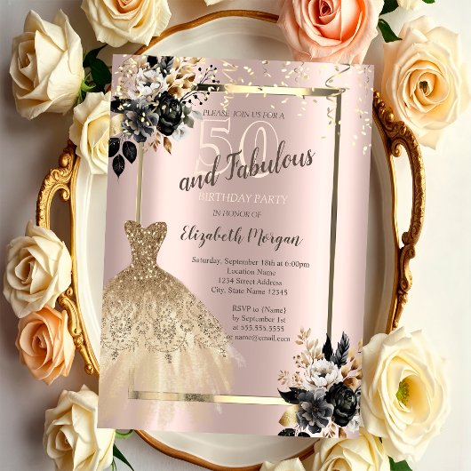 Invitation Robe de Séquins d'or Roses noirs 50e anniversaire