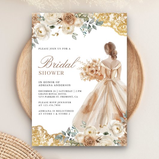 Invitation Robe de soirée en dentelle dorée florale terreuse
