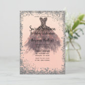 Invitation Robe de soirée pailletée argent et pêche pour une (Debout devant)