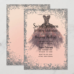 Invitation Robe de soirée pailletée argent et pêche pour une 