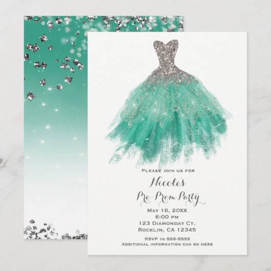 Invitation Robe de soirée pailletée argent et sarcelle avant (Devant / Derrière)