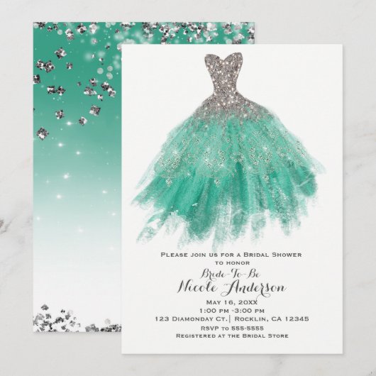 Invitation Robe de soirée pailletée sarcelle et argent pour m (Devant / Derrière)