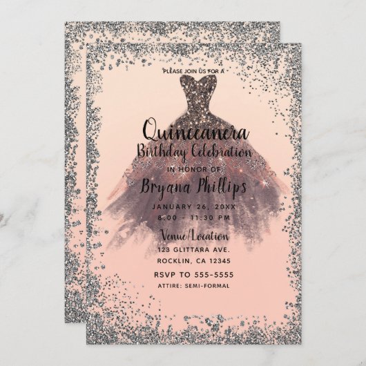 Invitation Robe de soirée Quinceañera 15 pailletée pêche et a (Devant / Derrière)